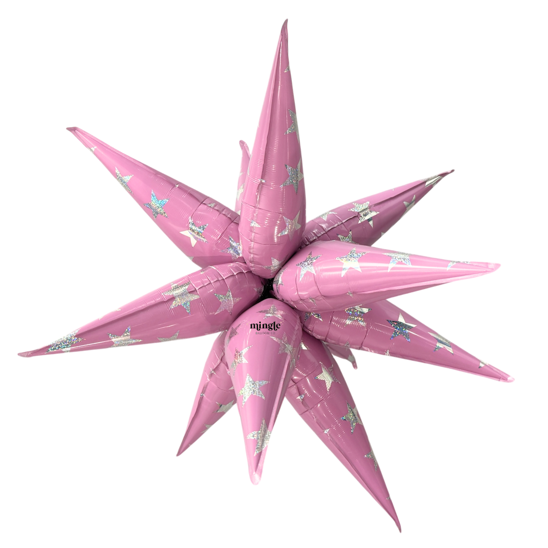 Pink inflatable star-shaped balloon with a star pattern on a pink background