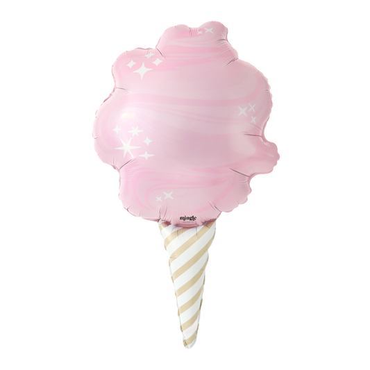 Cotton candy shaped foil balloon with white and tan striped cone